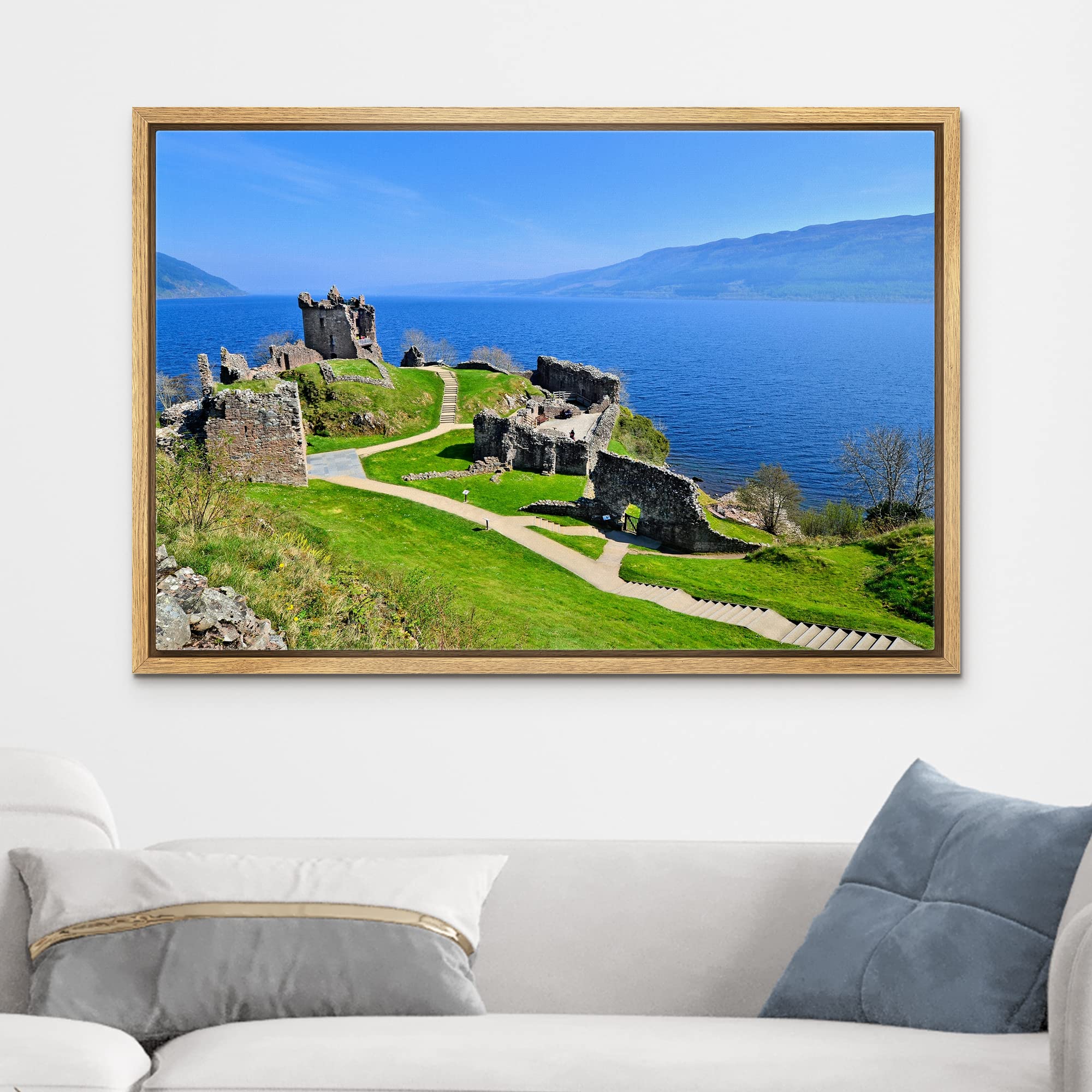 Beautiful Scenery Landscape of Ruins of Urquhart Castle Along Loch Ness Scotland - Framed Canvas Art Wall Art - 24''x36'' Natural